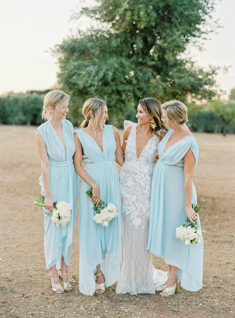 Tiffany Blue Chiffon Deep V neck High Low Boho Bridesmaid Dresses WG05