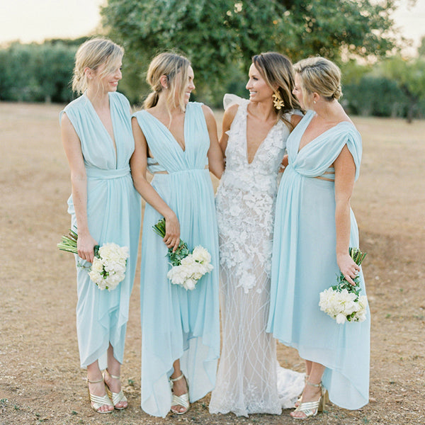 Tiffany Blue Chiffon Deep V-neck High Low Boho Bridesmaid Dresses, WG0 – AlineBridal