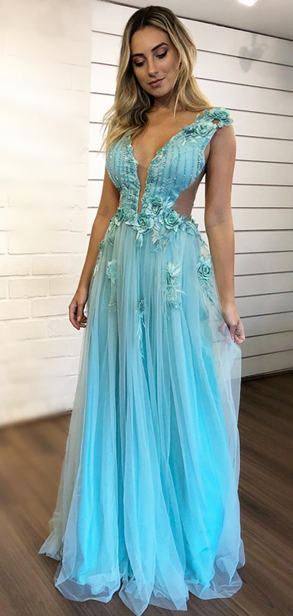 Tiffany Blue Handmade Flower Applique Tulle Charming Prom Dresses ,PD0 AlineBridal Tiffany Blue Handmade Flower Applique Tulle Charming Prom Dresses ,PD0 AlineBridal