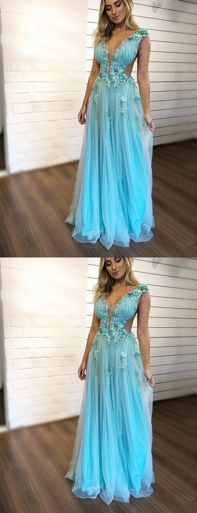 Tiffany Blue Handmade Flower Applique Tulle Charming Prom Dresses ,PD00382