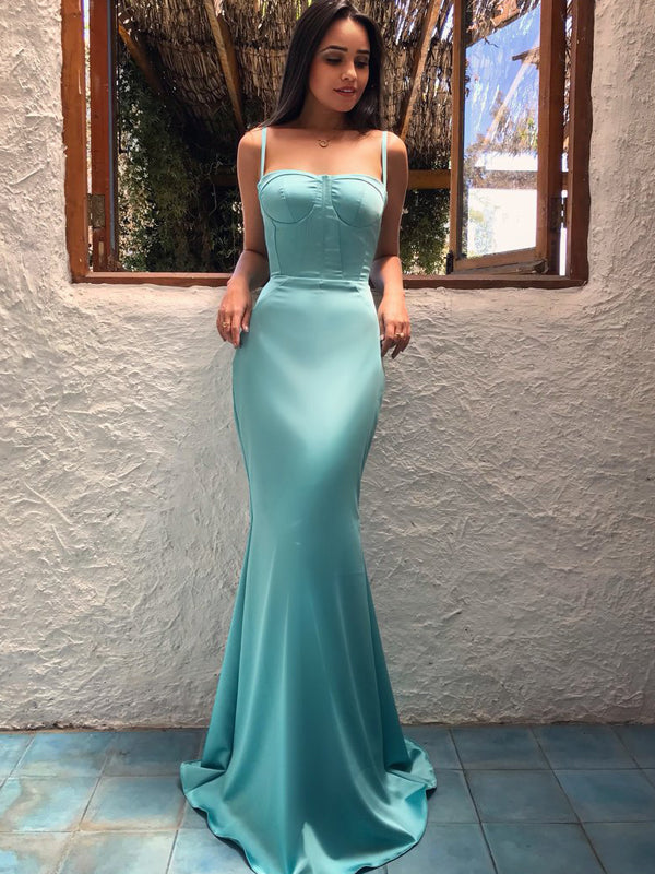 Tiffany Blue Soft Satin Spaghtti Strap Mermaid Fashion Prom Dresses.PD00219