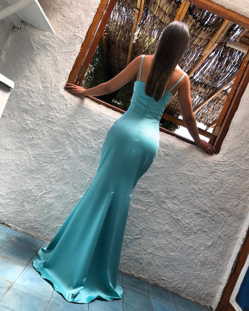 Tiffany Blue Soft Satin Spaghtti Strap Mermaid Fashion Prom Dresses.PD00219