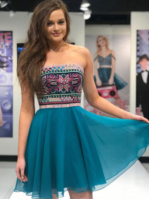 Turquoise Chiffon Colorful Embroidery Strapless Homecoming Dresses,HD0 AlineBridal Turquoise Chiffon Colorful Embroidery Strapless Homecoming Dresses,HD0 AlineBridal