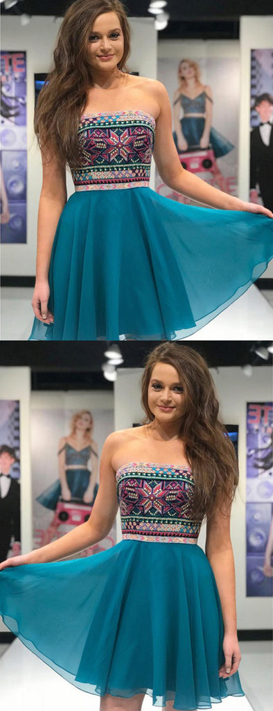 Turquoise Chiffon Colorful Embroidery Strapless Homecoming Dresses,HD0050