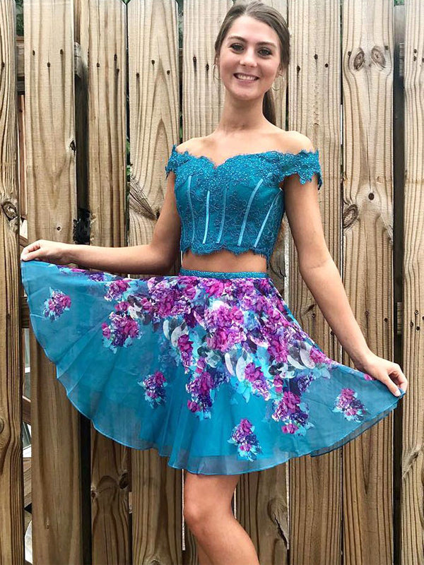 Turquoise Off Shoulder Beading Lace Floral Homecoming Dresses,HD0035