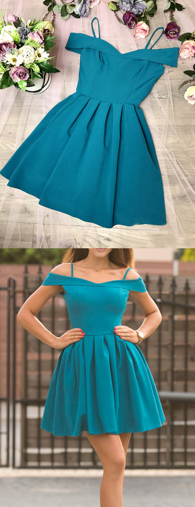 Turquoise Satin Off Shoulder Spaghetti Strap Homecoming Dresses ,HD0067