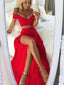 Two Piece Bright Red Off Shoulder Spaghetti Straps High Side Split Prom Dresses,PD0126