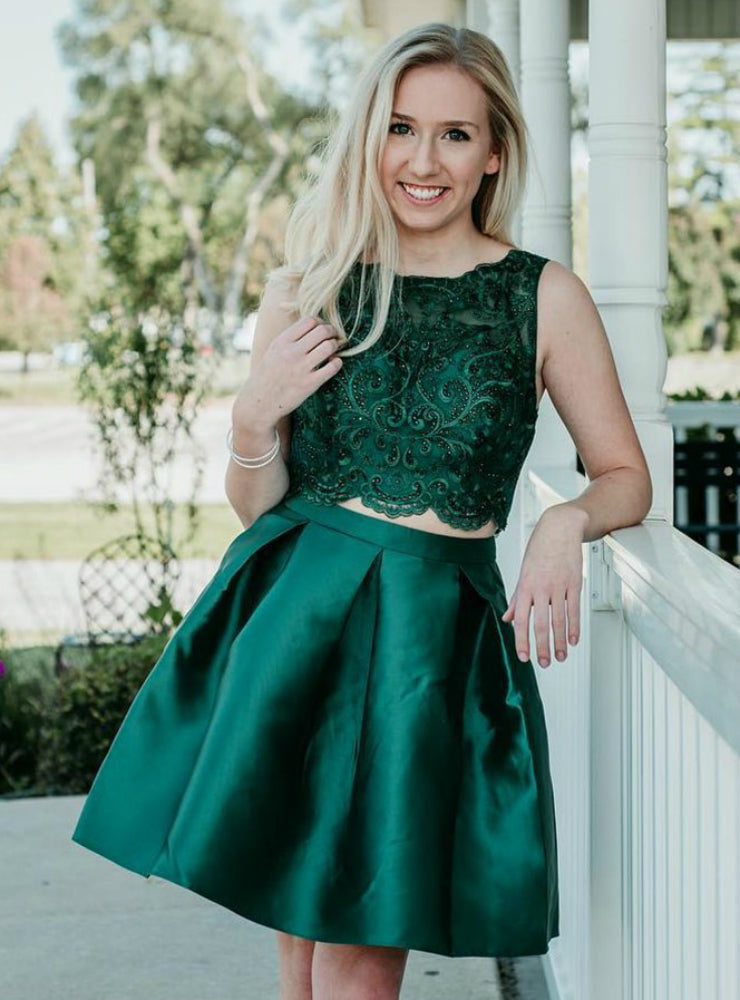 Two Piece Dark Green Beaded Lace Soft Satin Sleeveless Homecoming Dresses,BD00130