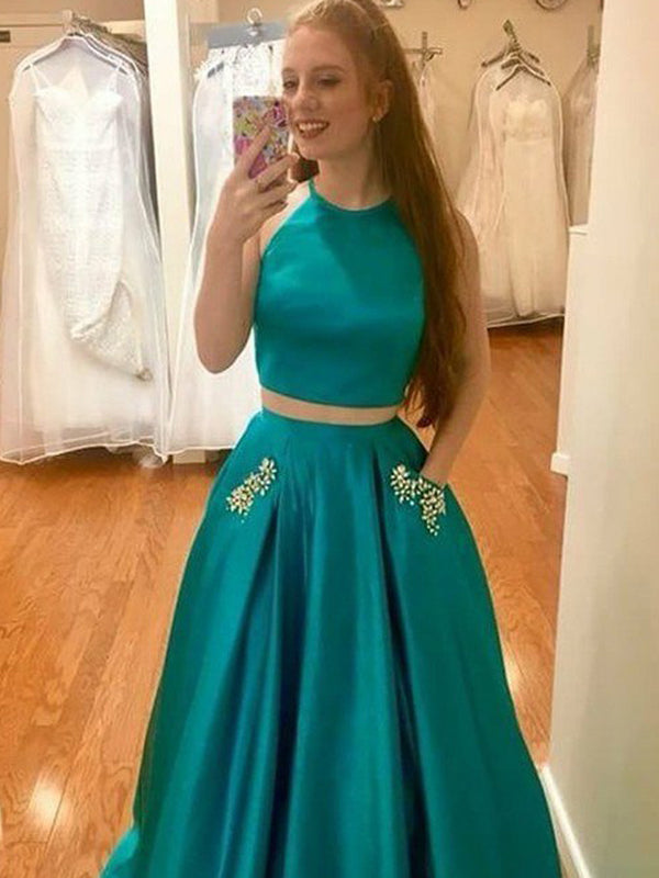 Two Piece Green Satin Open Back Beading Pocket Prom Dresses,PD00358 AlineBridal Two Piece Green Satin Open Back Beading Pocket Prom Dresses,PD00358 AlineBridal