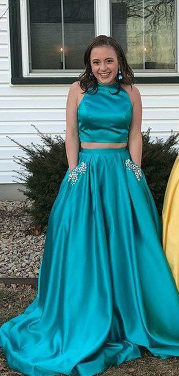 Two Piece Green Satin Open Back Beading Pocket Prom Dresses,PD00358 –  AlineBridal