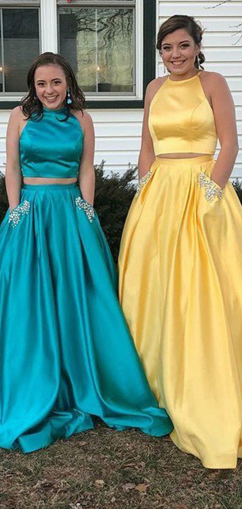 Two Piece Green Satin Open Back Beading Pocket Prom Dresses,PD00358