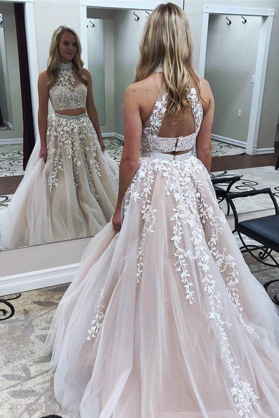 Baby pink 2 piece prom dress deals