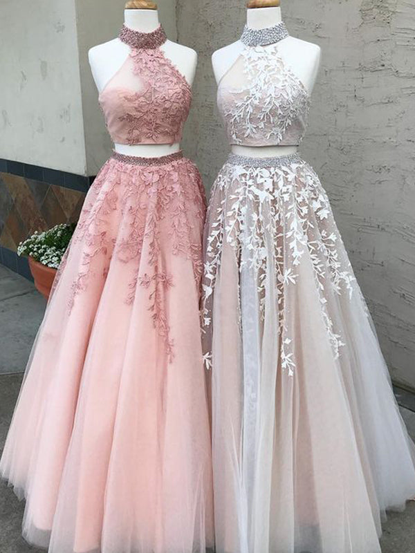 Two Piece Halter Applique Tulle Pink Beaded Open Back Prom Dresses For Teens, PD00092