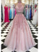 Two Piece Halter Applique Tulle Pink Beaded Open Back Prom Dresses For Teens, PD00092