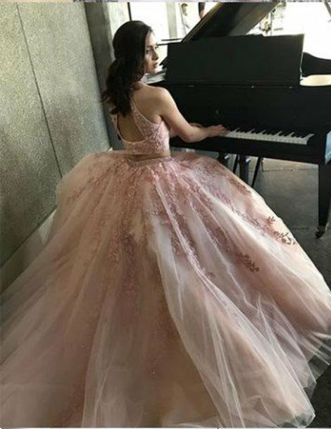 Two Piece Halter Applique Tulle Pink Beaded Open Back Prom Dresses For AlineBridal Two Piece Halter Applique Tulle Pink Beaded Open Back Prom Dresses For AlineBridal