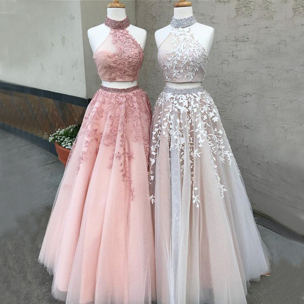 Two Piece Halter Applique Tulle Pink Beaded Open Back Prom Dresses For Teens, PD00092