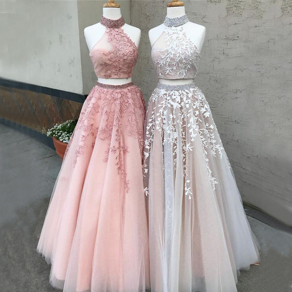 Two Piece Halter Applique Tulle Pink Beaded Open Back Prom Dresses For AlineBridal Two Piece Halter Applique Tulle Pink Beaded Open Back Prom Dresses For AlineBridal