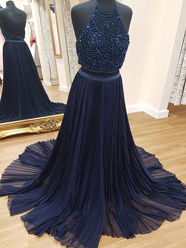 Two Piece Halter Beaded Top Backless Navy Blue Chiffon Prom Dresses ,P –  AlineBridal