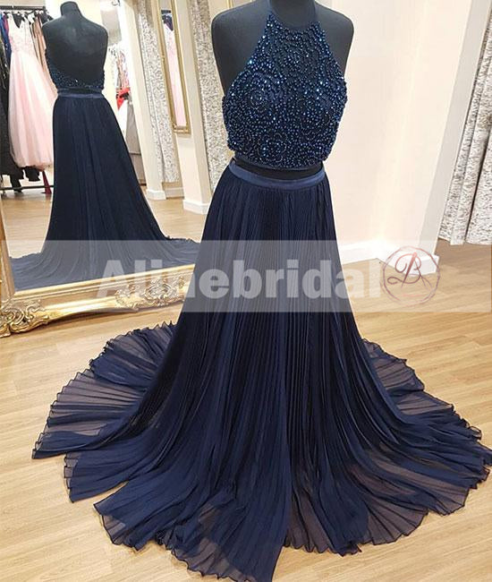 Two Piece Halter Beaded Top Backless Navy Blue Chiffon Prom Dresses ,P AlineBridal Two Piece Halter Beaded Top Backless Navy Blue Chiffon Prom Dresses ,P AlineBridal