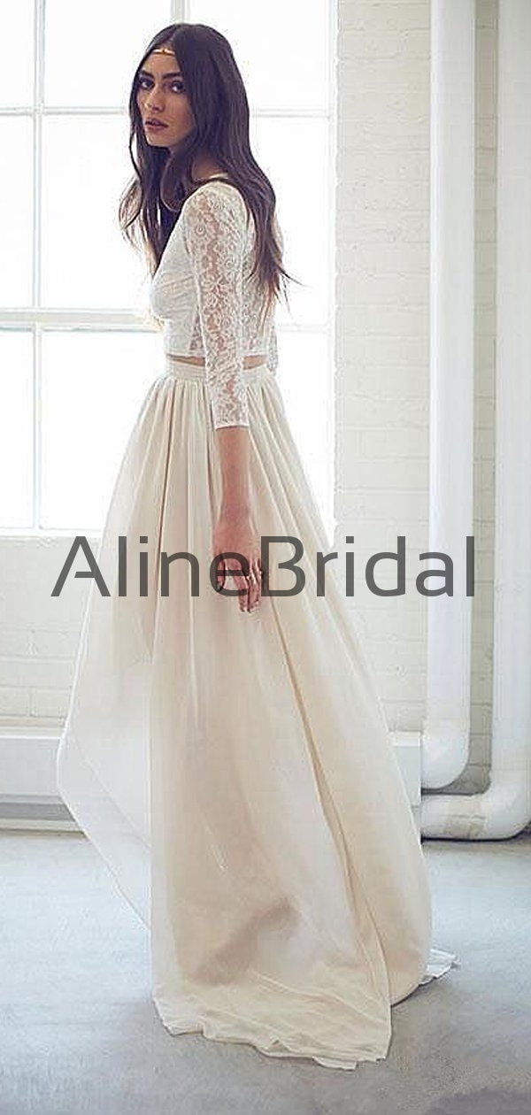 Two Piece Ivory Lace Chiffon High Low Boho Beach Wedding Dresses , AB1 AlineBridal Two Piece Ivory Lace Chiffon High Low Boho Beach Wedding Dresses , AB1 AlineBridal