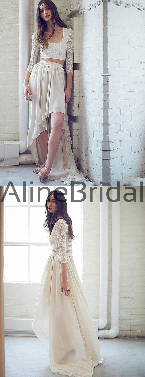 Two Piece Ivory Lace Chiffon High Low Boho Beach Wedding Dresses , AB1 AlineBridal Two Piece Ivory Lace Chiffon High Low Boho Beach Wedding Dresses , AB1 AlineBridal