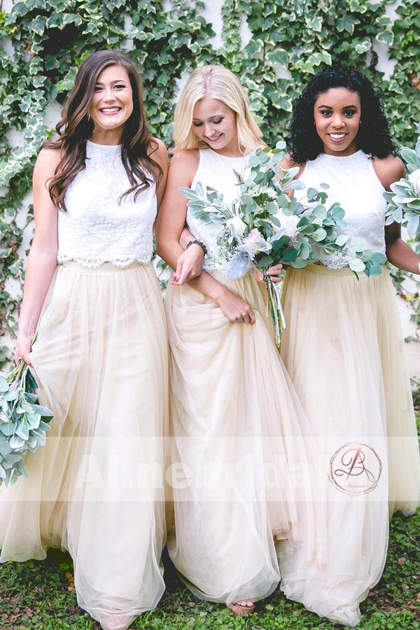 Two Piece Ivory Lace Top Tulle Bottom Country Wedding Bridesmaid Dress AlineBridal