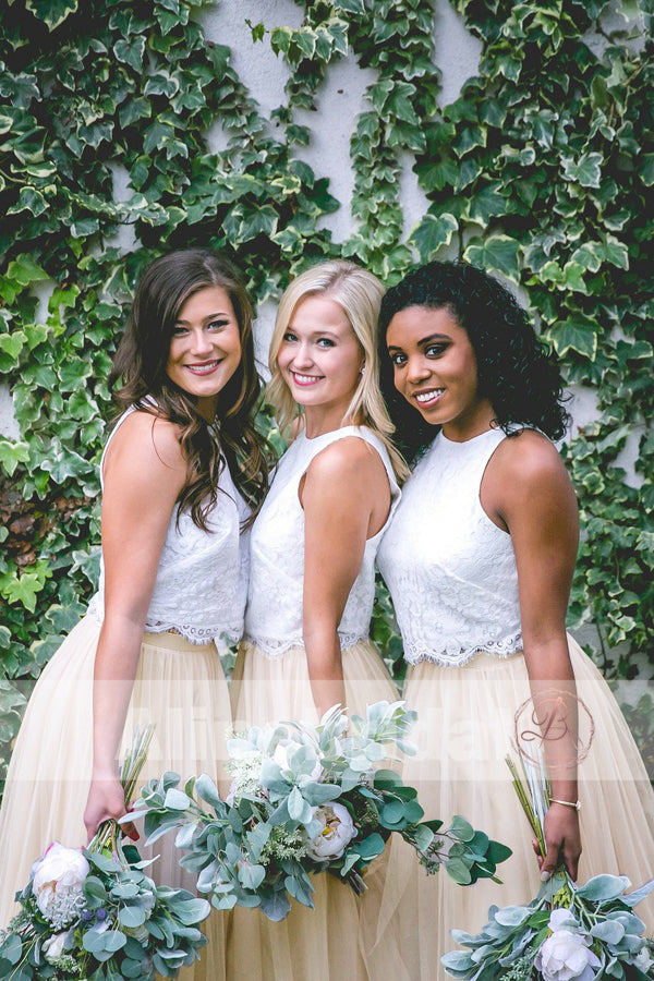 Two Piece Ivory Lace Top Tulle Bottom Country Wedding Bridesmaid Dress AlineBridal Two Piece Ivory Lace Top Tulle Bottom Country Wedding Bridesmaid Dress AlineBridal