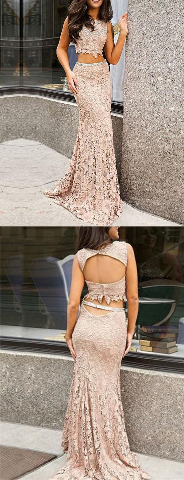 Two Piece Nude Lace Sleeveless Mermaid Long Prom Dresses,PD00221 –  AlineBridal