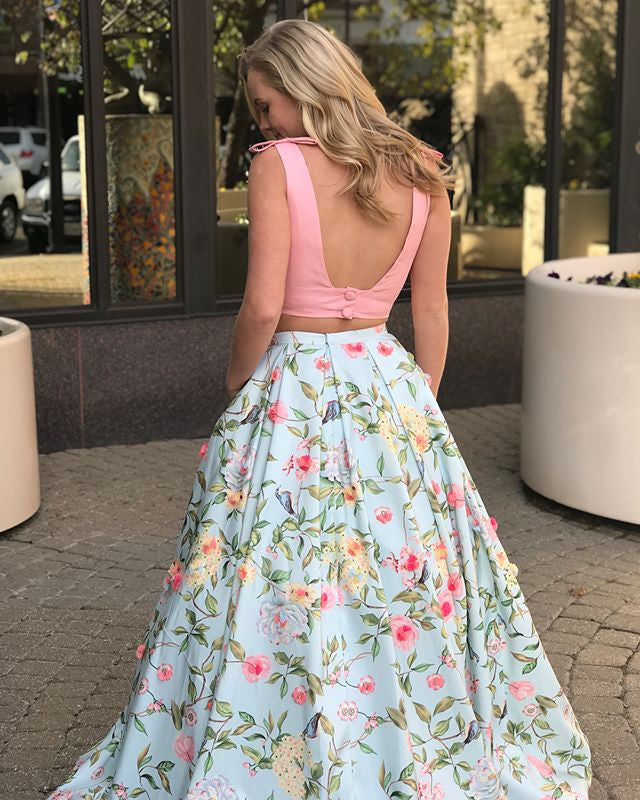 Two Piece Peach Floral Prints Pocket Prom Dresses PD00125 AlineBridal