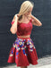 Two Piece Red Off Shoulder Beading Floral Homecoming Dresses,HD0023