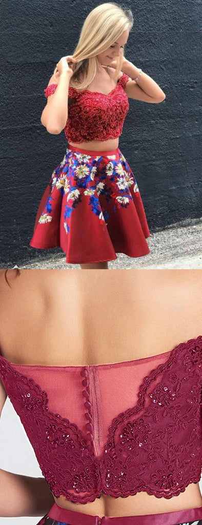Two Piece Red Off Shoulder Beading Floral Homecoming Dresses,HD0023