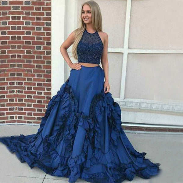 Two Piece Royal Blue Beaded A-line Gorgeous Bottom Sleeveless  Prom Dresses,PD00081