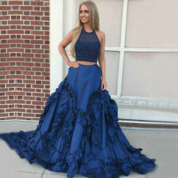 blue dress for baby girl A Line Sleeveless Long Prom Dress with Slit, Elegant Round Neck Beadin –  cherishgirls main image 1