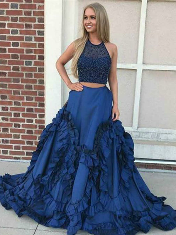Two Piece Royal Blue Beaded A-line Gorgeous Bottom Sleeveless Prom Dre AlineBridal Two Piece Royal Blue Beaded A-line Gorgeous Bottom Sleeveless Prom Dre AlineBridal