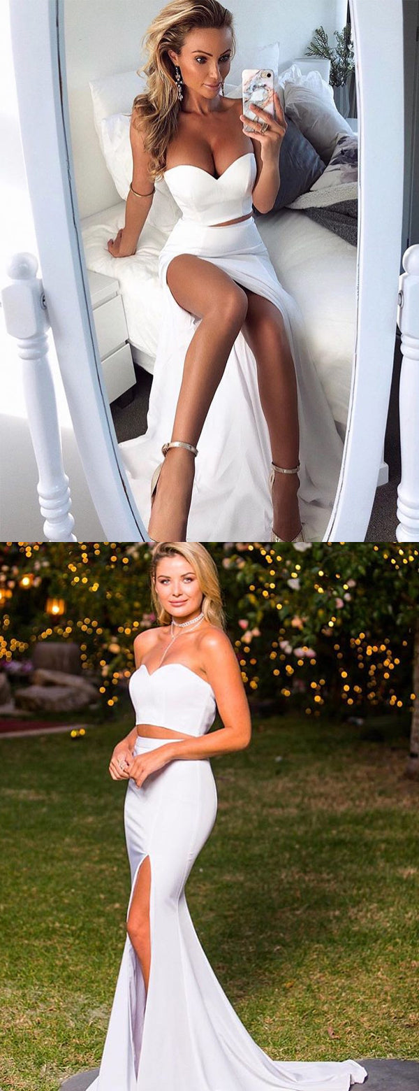 white two piece mermaid prom dress Two Piece Mermaid White Long Prom Dress with Short Sequin Sleeves FancyVestido