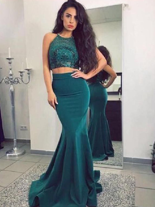 dark green two piece prom dress Chic Emerald Green Satin V Neck Two-piece Prom Gown