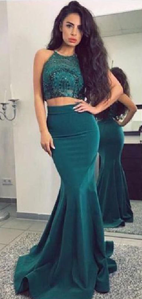 Two Piece Teal Sequin Jersey Mermaid Cheap Long Prom Dresses,PD00294