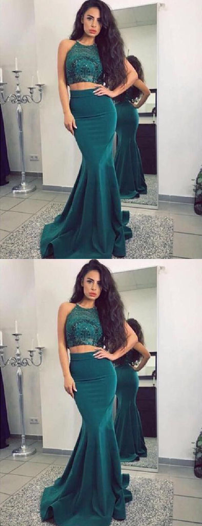 Two Piece Teal Sequin Jersey Mermaid Cheap Long Prom Dresses,PD00294