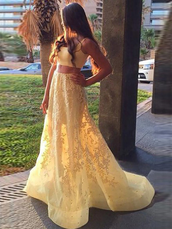 Two Piece Yellow Lace Applique A-line Sweet-16 Prom Dresses,PD00310 AlineBridal Two Piece Yellow Lace Applique A-line Sweet-16 Prom Dresses,PD00310 AlineBridal