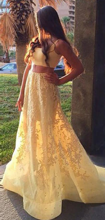 Two Piece Yellow Lace Applique A-line Sweet-16 Prom Dresses,PD00310