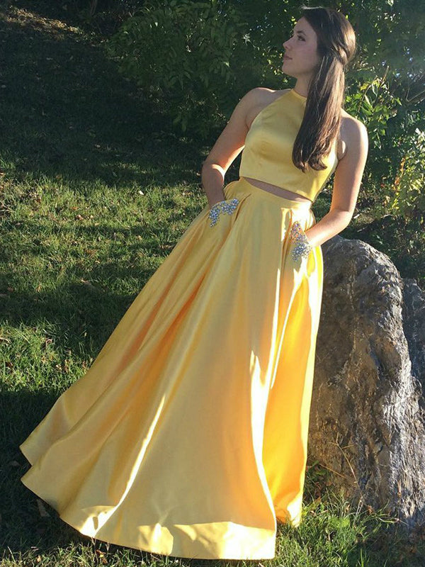 Two Piece Yellow Satin Open Back Beading Pocket Prom Dresses