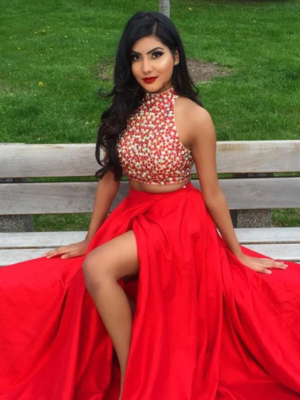Long Two Pieces Halter A-line Red With Side Slit Charming Evening Prom Gown Dress.  PD0206