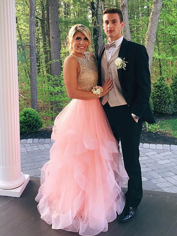 Two Pieces Light Pink Organza Golden Lace V-back Ruffles Ball Gown Pro AlineBridal Two Pieces Light Pink Organza Golden Lace V-back Ruffles Ball Gown Pro AlineBridal