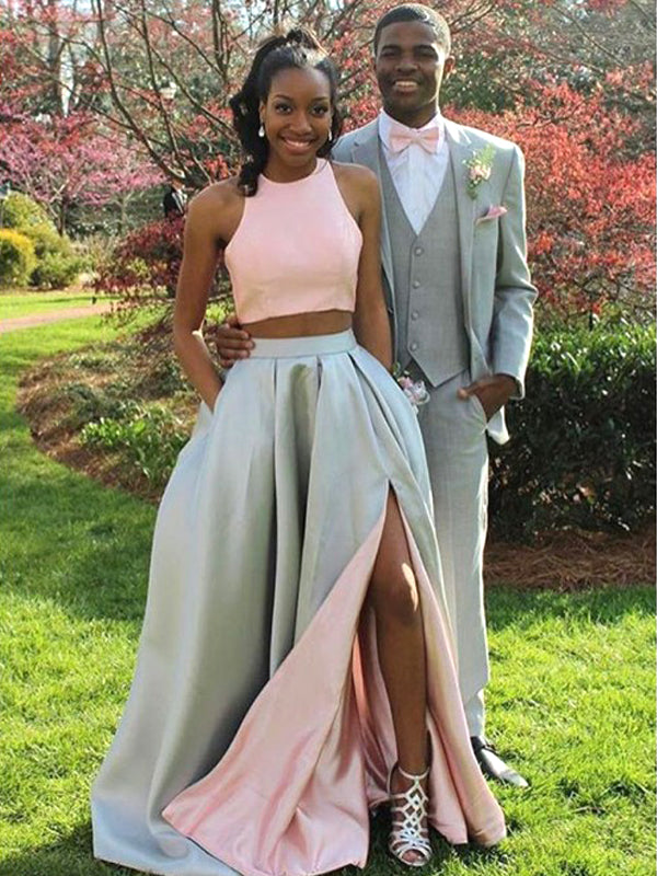 Two Pieces Two Tone Blush Pink Silver Split Pockets Long Simple Prom D AlineBridal Two Pieces Two Tone Blush Pink Silver Split Pockets Long Simple Prom D AlineBridal