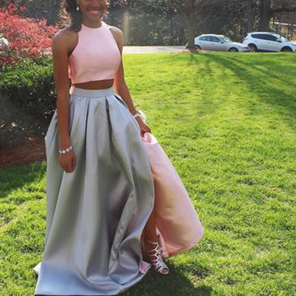 Two Pieces Two Tone Blush Pink Silver Split Pockets Long Simple Prom D AlineBridal Two Pieces Two Tone Blush Pink Silver Split Pockets Long Simple Prom D AlineBridal