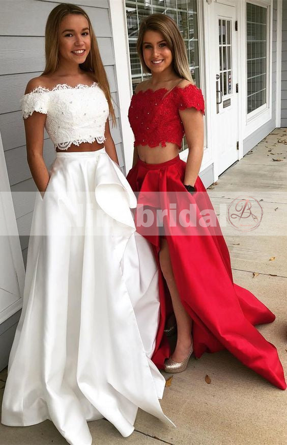 Two piece Off Shoulder High Low Prom Dresses With Pockets For Teens ,P AlineBridal Two piece Off Shoulder High Low Prom Dresses With Pockets For Teens ,P AlineBridal