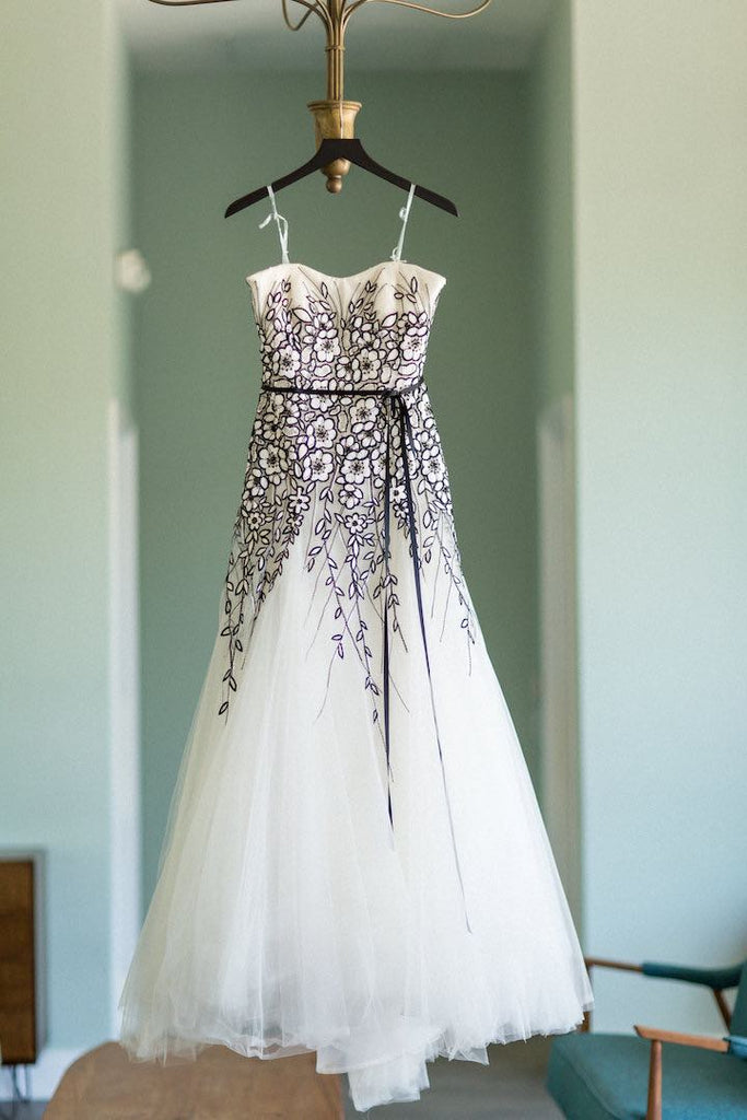 Unique Black Floral Lace Ivory Tulle Strapless A-line Wedding Dresses, AlineBridal Unique Black Floral Lace Ivory Tulle Strapless A-line Wedding Dresses, AlineBridal