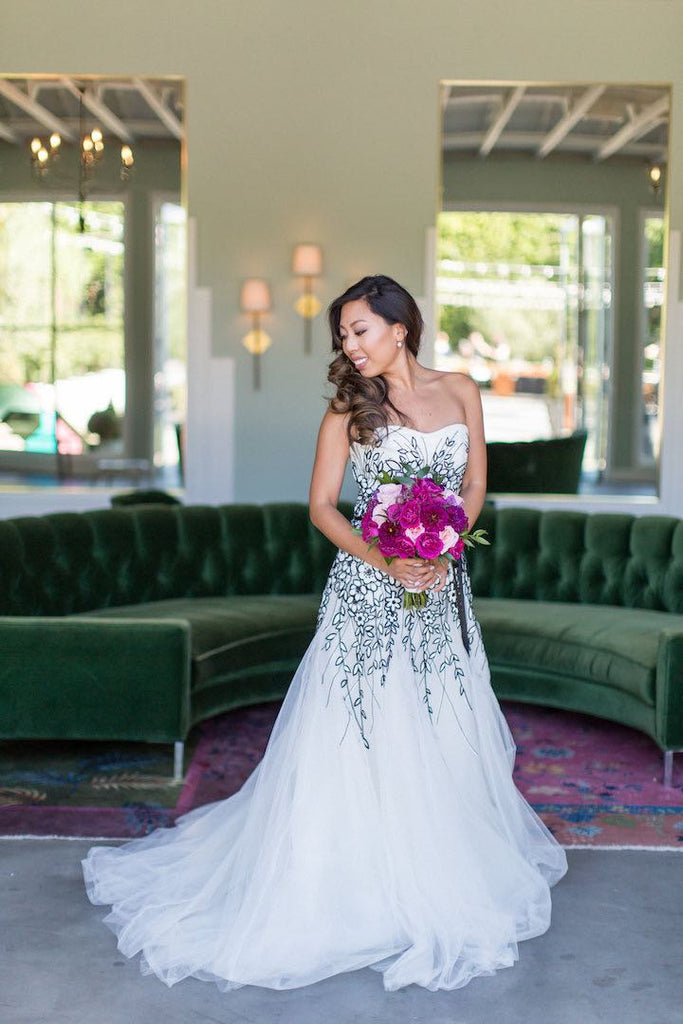 Unique Black Floral Lace Ivory Tulle Strapless A-line Wedding Dresses, AlineBridal Unique Black Floral Lace Ivory Tulle Strapless A-line Wedding Dresses, AlineBridal