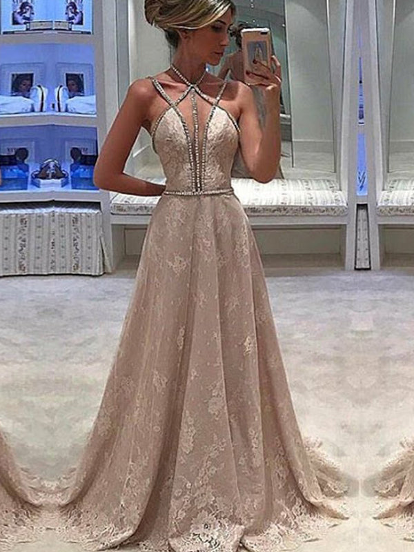 Unique Charming Sexy Beading Spaghetti Strap Halter Full Lace Evening Party Prom Gown Dresses,PD00013