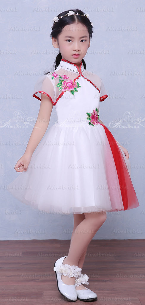 Unique Cheongsam Style High Neck Short Sleeve Floral Applique Flower Girl Dresses, FGS121